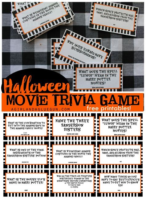 Halloween movie trivia game with free printables Halloween Movie Trivia, Movie Trivia Games, Halloween Trivia, Halloween Bucket List, Fun Halloween Party Games, Fun Halloween Games, Movie Trivia, Easy Halloween Party, Halloween Movie Night