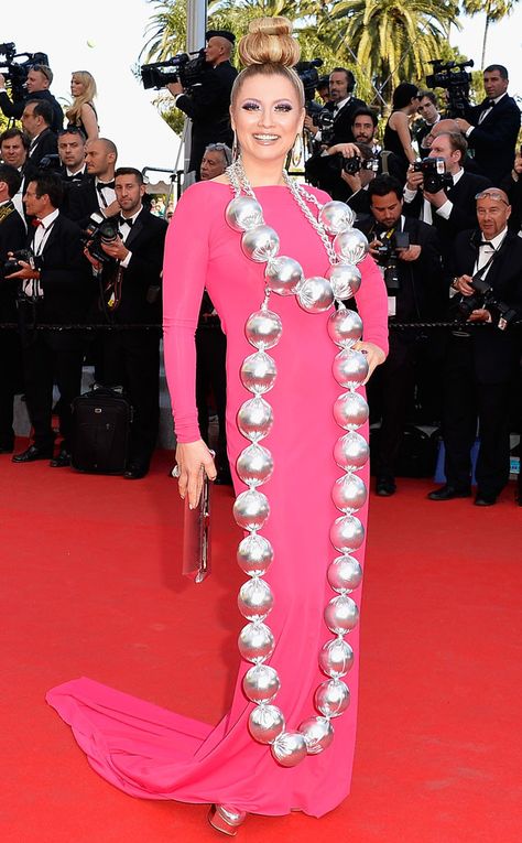 Wow! The Russian TV star made an unforgettable entrance with a bubble gum pink gown accessorized with a giant silver necklace at the Mr. Turner premiere. Giant Pearl Necklace, Russian Actress, Pink Gown, Bubble Gum Pink, Pink Gowns, Golden Globes, Cannes Film Festival, Bubblegum Pink, Tv Stars