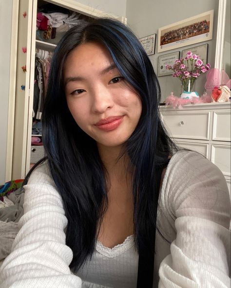 Hair Colours For Asians, Under Blue Hair, Navy Blue Hair Highlights, Hair Streaks Blue, Blue Hair Colour For Indian Skin, Navy Blue Highlights In Brown Hair, Navy Blue Money Piece Hair, Dark Hair Blue Highlights, Subtle Blue Highlights