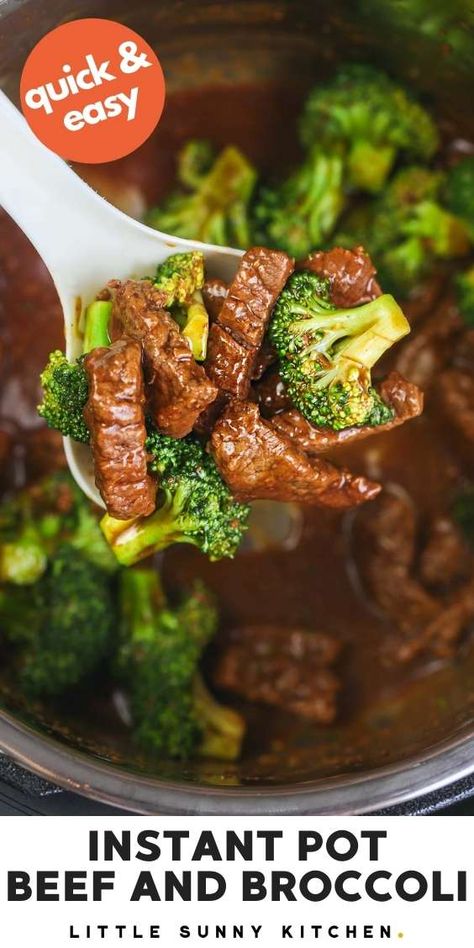 Easy 8-ingredient Instant Pot beef and broccoli cooked in 20 minutes or less! #Instantpotbeefandbroccoli #instantpotdinner #takeoutfakeout Instant Pot Beef And Broccoli Recipe, Beef And Broccoli Ramen Instant Pot, Broccoli Beef Instant Pot, Beef And Broccoli Instant Pot, Instant Pot Beef And Broccoli, Broccoli Cooked, Crunchy Broccoli, Beef And Broccoli Recipe, Little Sunny Kitchen