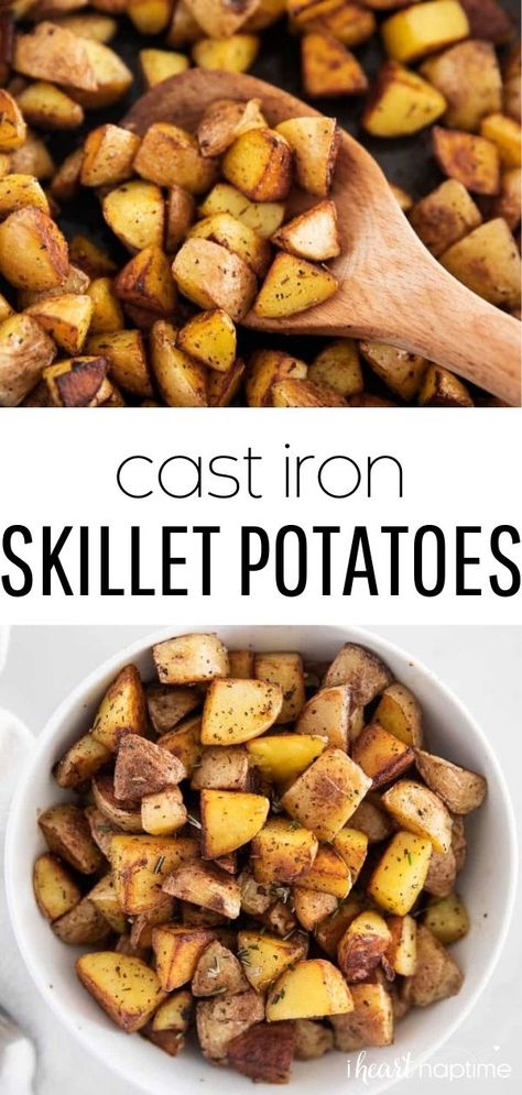 These easy cast iron skillet potatoes are crispy and golden on the outside, tender on the inside, and the perfect 20 minute, one-pan side dish with loads of buttery herbed flavor in every bite! Roasted Vegetables Cast Iron Skillet, Cast Iron Potatoes Recipes, Cast Iron Skillet Recipes Vegetarian, Diced Potatoes Skillet, Potatoes In Cast Iron Skillet, Cast Iron Potatoes, Yukon Potato Recipes, Cast Iron Skillet Potatoes, Iron Skillet Potatoes