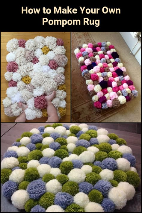 Diy Pompom Rug, Pompom Rugs, Pompom Rug, Diy Pom Pom Rug, Crochet Furniture, Bedroom Furniture Ideas, Easy Yarn Crafts, Diy Recycled Projects, Easy Crafts To Sell