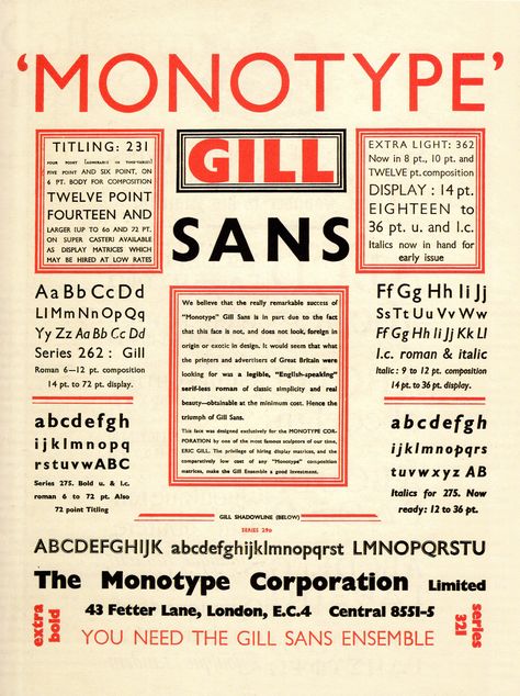 This specimen sheet is simple and easy to read. No fuss. No muss. 1935, Monotype Gill Sans, The Monotype Corporation, London, Eric Gill.  "A Visual History of Graphic Styles" Best Art Books, Eric Gill, American Horror Stories, Gill Sans, Architecture Quotes, Bauhaus Design, Education Humor, Vintage Typography, Typography Letters