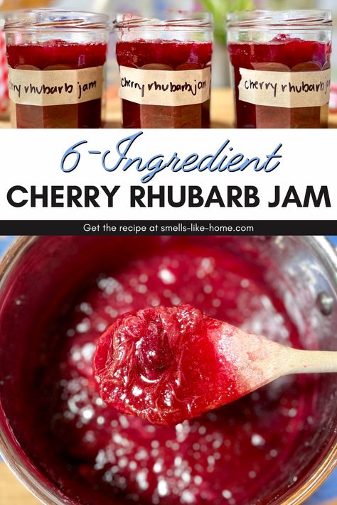 This homemade cherry rhubarb jam recipe will help you put those sad cherries to good use and introduce you to the amazing world of rhubarb! With just a few simple ingredients, you can make this delightful jam in under an hour. Say goodbye to store-bought jam and hello to the deliciousness of homemade preserves. Try this easy and quick recipe today and taste the difference that fresh, homemade jam can make! Cherry Rhubarb Recipes, Cherry Rhubarb Jam Recipe, Rhubarb Jam Recipes Canning, Cherry Rhubarb Jam, Cherry Rhubarb, Rhubarb Jelly, Sour Cherry Jam, Homemade Preserves, Rhubarb Jam Recipes