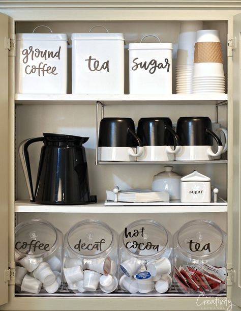 Use our hand lettered free printable pantry labels to create an organized coffee cabinet and pantry. #organize #labels #coffee #kitchen #printables #freeprintables Coffee Cabinet, Kitchen Ikea, Diy Coffee Bar, Tea Station, Organized Pantry, Interior Design Minimalist, Home Coffee Stations, Coffee Nook, Home Coffee Bar