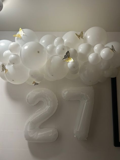 #birthday #birthdayparty #birthdaydecoration #butterfly #goldbutterfly #27th #27thbirthday #balloons #balloonarch #balloongarland #balloondecor #balloonbackdrop #whiteandgold #simpledesign #simpleballoons 27th Birthday Aesthetic, Gold Balloon Decor, 27th Birthday Decorations, 27 Birthday Ideas, Bday Aesthetic, 27 Birthday, Birthday Plans, 27th Birthday, Birthday Planning