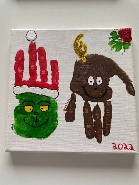 Grinch And Max Handprint, The Grinch Handprint, Grinch Christmas Ornaments Kids, Christmas Canvas Handprint Art, Grinch Handprint Craft For Kids, Grinch Themed Crafts For Toddlers, Max From Grinch Ornament Diy, Grinch Hand Print Craft, The Grinch Crafts For Toddlers