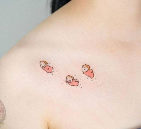 Tattoo Ideas Ponyo, Tiny Ponyo Tattoos, Tiny Korean Tattoos, Cute Cartoon Tattoo Ideas, Small Tattoos Cartoon, Cute Korean Tattoo Ideas, Cute Tattoo Aesthetic, Watsky Tattoo, Ghibli Tattoo Ponyo