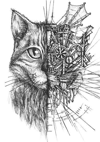 Half photograph of person then draw the mechanical structure of their insides Hybrid Drawing, Steampunk Art Drawing, Steampunk Drawing, Steampunk Animals, Mechanical Animals, Steampunk Artwork, Steampunk Cat, Hybrid Art, Mechanical Art