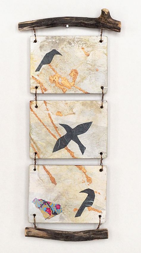 Mixed Media Wall Hanging, Mixed Media On Wood, Branch Hanger, Birds Photography Art, Mixed Media Tapestry, Mixed Media On Wood Panel, Wood Assemblage, Mixed Media Forest, Colorful Bird Tattoos