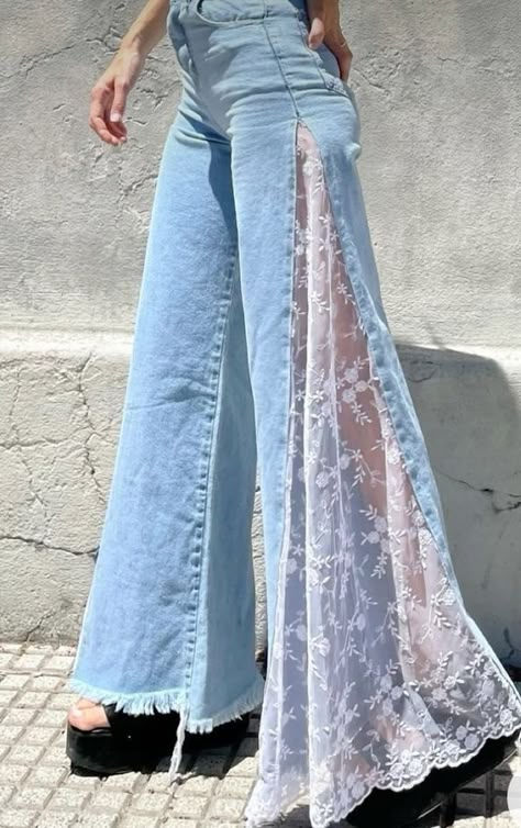 Upcycled Womens Clothing, Thrifted Outfits Aesthetic Summer, Jeans Makeover Diy, Fashion Inspo Outfits 2024 Summer, Lacy Aesthetic, Lacy Outfits, Thrift Upcycle Clothes, Homemade Clothes, Jeans With Lace