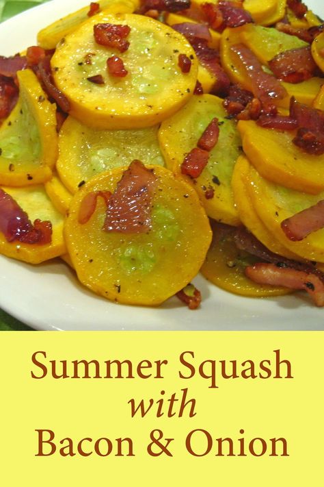 Summer Squash Skillet, Squash With Bacon And Onion, Yellow Squash Noodles Recipes, Squash Onions And Bacon, Squash And Bacon Recipes, Gray Squash Recipes, Grilled Summer Squash Recipes, Garden Squash Recipes, Trombone Squash Recipes