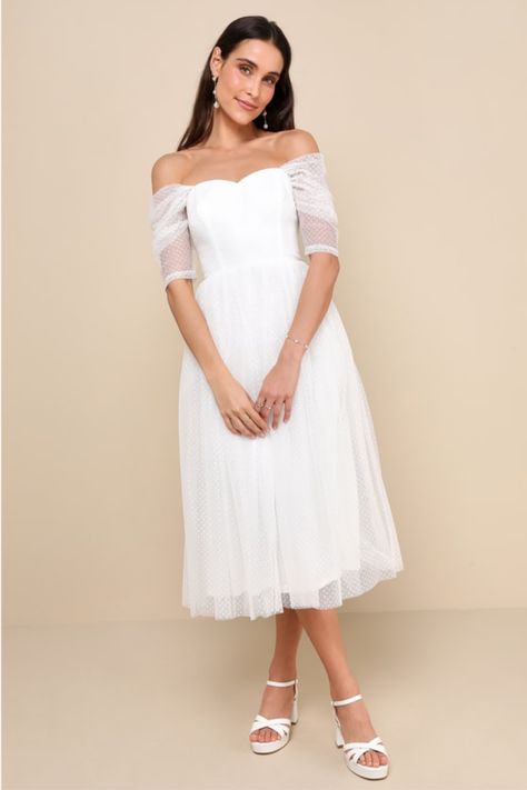 Waltz through the day like you're on cloud nine in the Lulus Heavenly Mood White Mesh Swiss Dot Off-the-Shoulder Midi Dress! Sheer mesh boasts a cute Swiss dot design throughout as it shapes a sweetheart neckline (with hidden no-slip strips) and a princess-seamed bodice, framed by gathered, sheer elbow-length sleeves that can be worn on or off the shoulder. High, fitted waist sits atop a skater midi skirt with an extra-layer of tulle for added volume. Hidden back zipper/clasp. Fit: This garment Tea Length Floral White Dress, Midi Wedding Dress Plus Size, Midsize White Dress, Rehearsal Dinner Dress Plus Size, Pink Midi Dress Wedding, Midi Length Wedding Dress, Romance Wedding Dress, Elopement Dresses, Midi Dress Wedding