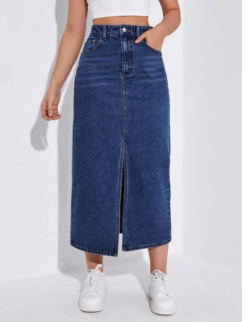 Dark Blue Denim Skirt Outfit, Jeans Skirt And Top, Long Jean Skirts, Casual Denim Skirt, Patchwork Denim Skirt, Denim Skirt Fashion, Jean Skirt Outfits, Long Jean Skirt, Denim Skirt Outfits