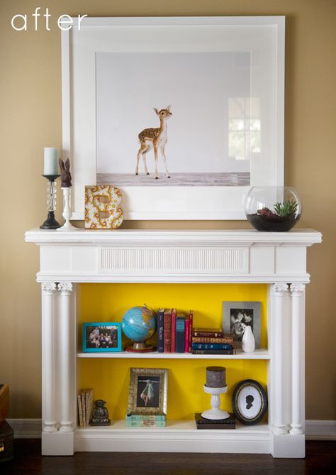 create a fake fireplace - cute idea for our formal room where i want a fireplace Faux Foyer, Fireplace Bookshelves, Fake Fireplace, Books Decor, Old Fireplace, White Fireplace, Bookshelf Design, Faux Fireplace, Design Del Prodotto