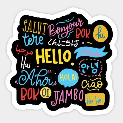 Language Stickers, Hello In Different Languages, Words In Different Languages, Hello Word, School Shirt Designs, Eyfs Classroom, Hello Sign, Different Languages, Class Decoration