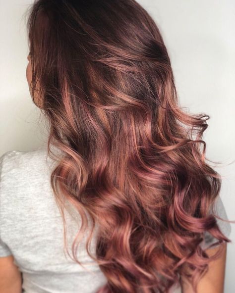 Rose Gold Brown Hair, Rose Brown Hair, Rose Gold Hair Brunette, Gold Balayage, Rose Gold Balayage, Hair Color Mahogany, Coral Hair, Gold Hair Colors, Hair Color Streaks