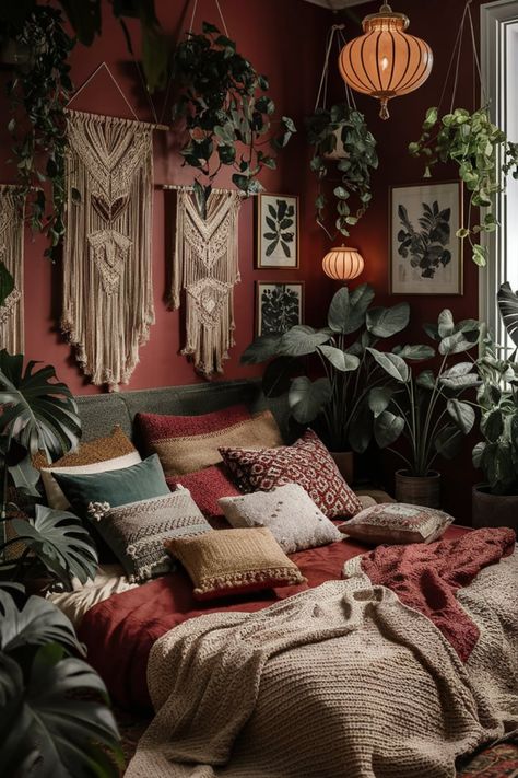 Elevate your bedroom decor with a vintage-boho twist. Pair rich tones of red and gold with knitted textures, retro lights, and botanical art for a perfect blend of charm and comfort.  #VintageBohoStyle #CozyBohemianDecor #EarthyBedroomVibes #BohoChicDesign #RetroBohoHaven #MacrameDecor #PatternedCushions #BotanicalArtDecor #KnittedBlankets #LushPlantAesthetics Jewel Tone Bedroom Aesthetic, Jewel Tones Room, Red Boho Bedroom Ideas, Rustic Red Bedroom Ideas, Burgundy Room Aesthetic, Wine Red Bedroom, Maroon Bedroom Ideas, Dark Red Bedroom Aesthetic, Red Themed Bedroom