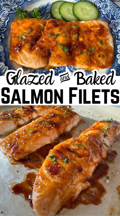 glazed baked salmon filets with herbs, sliced cucumbers and text Salmon Oven Baked, Baked Salmon Filets, Oven Baked Salmon Recipes, Salmon Recipes Oven, Herb Salmon, Oven Salmon, Salmon Filets, Baked Salmon Recipe, Oven Baked Salmon