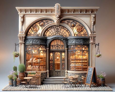 Delicacies in Detail: A Hungarian Art Nouveau Bakery in Miniature Splendor Art Nouveau Cafe, Art Nouveau Dollhouse, Sidewalk Cafe, Miniature Bakery, Wrought Iron Gate, Organic Lines, International Style, Greek Style, Curved Lines