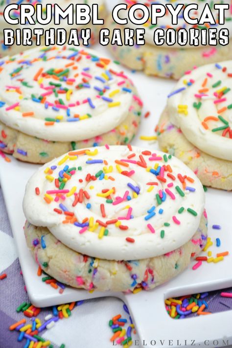 Birthday Cake Crumbl Cookie Copycat, Crumble Confetti Cookie, Birthday Cake Crumble Cookies, Fake Crumble Cookies Recipe, Smash Cookie Recipe, Crumble Birthday Cake Cookie, Frosting Filled Cookies, Simple Birthday Desserts, Wedding Cake Crumbl Cookie