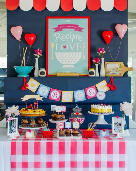 Retro Kitchen Bridal Shower with Lots of Really Cute Ideas via Kara's Party Ideas | KarasPartyIdeas.com #RetroBridalShower #RetroParty #Part... Recipe For Love, Retro Bridal Showers, Vintage Party Decorations, Kitchen Bridal Shower, Wedding Parties Pictures, Mini Chef, Bridal Parties Pictures, Retro Bridal, Kitchen Theme