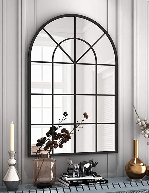 Amazon.com: Arched Window Finished Metal Mirror - 32"×47" Wall Mirror Black Frame Window Pane Decoration for Living Room: Kitchen & Dining Black Arch Mirror, Window Bathroom, Arched Window Mirror, Window Pane Mirror, Bathroom Rustic, Rustic Mirror, Curved Mirror, Arched Mirror, Arch Mirror