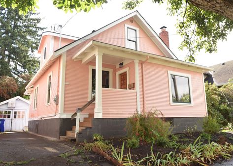 Pastel Purple House Exterior, Pink Exterior Paint Colors For House, Salmon Exterior House Colors, Pink House Green Door, Pastel House Exterior Color Schemes, Salmon Pink House Exterior, Pink Stucco House Exterior, Peach Exterior House, Coral House Exterior