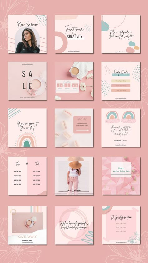 Editable Canva Templates, Instagram Post & Story templates which are perfect for bloggers, entrepreneurs, small business owners, creators, and individuals wanting to look professional on social media. Many vibes are available: pastel, minimal white, blush pink, nude, beige, quotes templates, ect. Pastel Pink Instagram Feed, Pastel Instagram Post Template, Location Instagram Post, Pastel Instagram Feed, Beige Quotes, Pink Branding, Best Instagram Posts, Instagram Grid Design, Templates Instagram Post