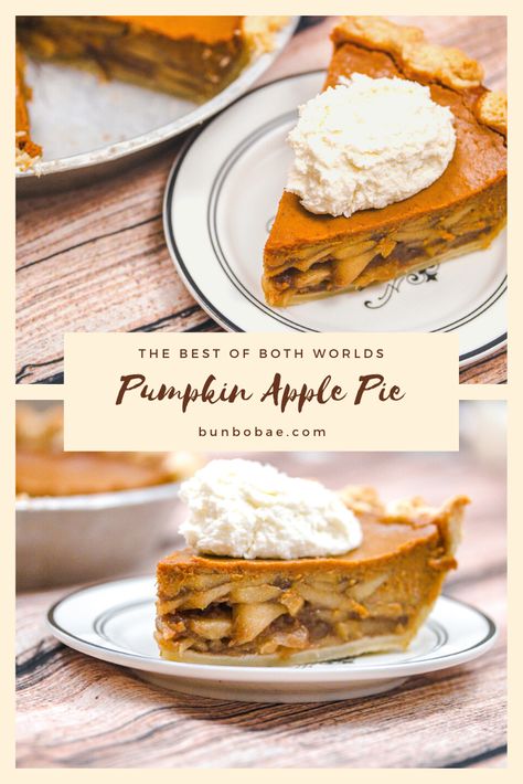 With a caramel apple layer and a spiced pumpkin layer, this Pumpkin Apple Pie is the best of both worlds. Caramel Apple Pumpkin Pie, Pumpkin Dutch Apple Pie, Apple And Pumpkin Pie, Apple Pumpkin Pie Recipe, Pumpkin Apple Pie Recipes, Layered Apple Pie, Pumpkin Apple Pie, Apple Pumpkin Pie, Hot Fudge Cake