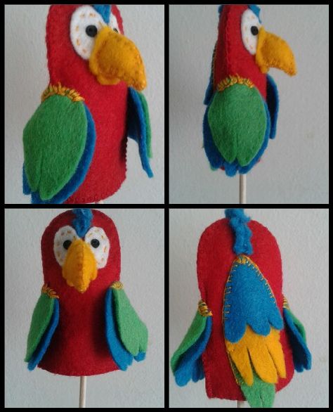 Felt Finger Puppet PARROT Parrot Puppet, Merry Poppins, Bird Puppet, Animal Hand Puppets, Finger Puppet Patterns, Felt Puppets, Pirate Crafts, Glove Puppets, Baby Spice