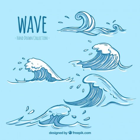 Variety of hand-drawn waves with great designs Free Vector Wave Sketch Simple, How To Draw Waves, Waves Sketch, Waves Cartoon, No Wave, Camper Art, Wave Drawing, Waves Art, Wave Illustration