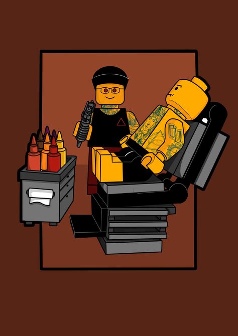 Lego Tattoo Design, Lego Characters Drawing, Lego Head Tattoo, Lego Art Drawing, Lego Man Tattoo, Lego Tattoo Ideas, Lego Drawing, Lego Painting, Lego Cartoon