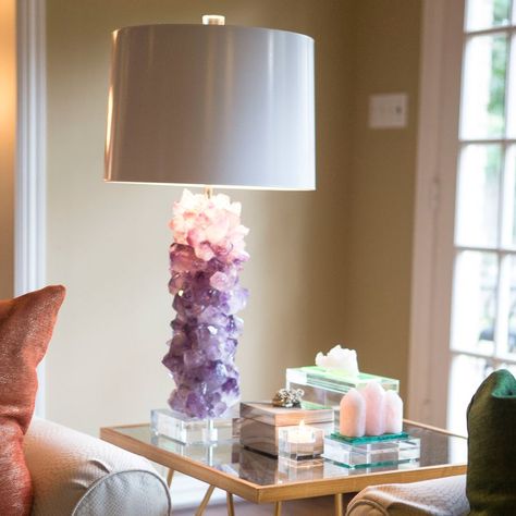 Forget your memories of grade-school rock collections. Here are 10 stylish ways to display gemstones in your own home. Displaying Crystals, Crystal Display, Crystal Table Lamps, Table Lamp Base, Bohol, Crystals In The Home, Boho Interior, Crystal Decor, Boho Home