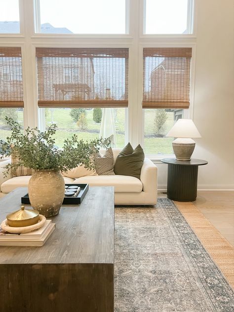 Window Treatments | Romans Shades | Bamboo Shades | Living Room | Family Room | Open Floor Plan Bamboo Roman Shades Living Rooms, Family Room Shades, Shades Living Room, Roman Shades Living Room, Room Shades, Living Room Family, Repose Gray, Bamboo Blinds, Bamboo Shades