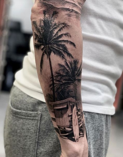 Summer Vibes by Drost Tattoo at Sinners Inc in Aarhus, Denmark. Outside Forearm Tattoos, Tropisches Tattoo, Surf Tattoo, Crab Tattoo, Palm Tattoos, Men Tattoos Arm Sleeve, Forarm Tattoos, Cool Arm Tattoos, Summer Tattoo