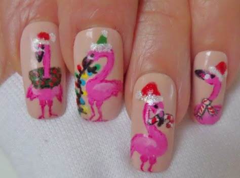 flamingo nail designs closeup Christmas Flamingo Nails, Christmas In Hawaii Nails, Christmas Palm Tree Nails, Hawaii Christmas Nails, Beach Christmas Nails, Christmas Vacation Nails, Flamingo Nail Designs, Tropical Christmas Nails, Flamingo Nails Designs