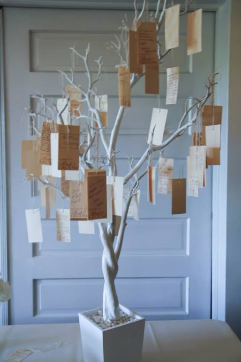 No guest book ls a wishing tree instead. Everyone writes well wishes for the bride and groom and then tree can be displayed in their home. Wishing Tree Baby Shower Ideas, Diy Wishing Well Wedding, Wish Tree Ideas, Wishing Tree Baby Shower, Wishing Tree Wedding, Wish Wall, 50th Wedding Anniversary Decorations, Wishing Well Wedding, Tree Guest Book