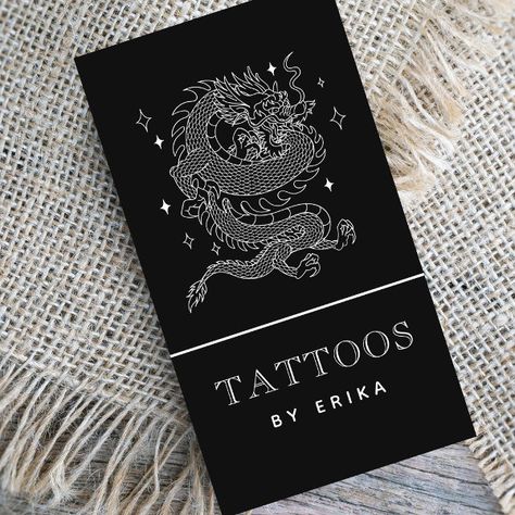 Mystic Dragon Black & White Tattoo Artist Modern Business Card Tattoo Artist Illustration, Tattoo Buissnes Card Ideas, Tattoo Card Design, Tattoo Business Cards Ideas, Tattoo Artist Logo Design, Business Card Tattoo, Tattoo Business Cards, Tattoo Logo Design, Black White Tattoo