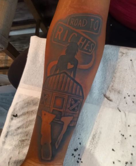 Road 2 Riches Tattoo Design, Road Sleeve Tattoo, Road To Riches Tattoo Stencil, Road 2 Riches Tattoo, Tire Tread Tattoo, Road To Riches Tattoo, Street Sign Tattoo Stencil, Business Tattoo, Lion Chest Tattoo