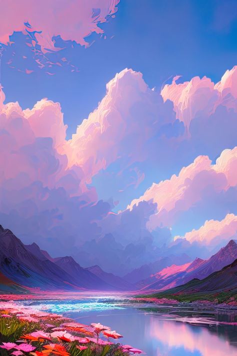 The mountain lake is surrounded by a vibrant display of pink flowers, their petals delicately floating on the calm water's surface. As the sun begins to set, the sky above transforms into a canvas of pink and purple clouds, creating a breathtakingly beautiful scene. Game Boy Wallpaper, Purple Skies, Purple Clouds, Boy Wallpaper, Sky Lake, Sky Digital, Pink Mountains, Mountain Landscape Painting, Mountain Drawing