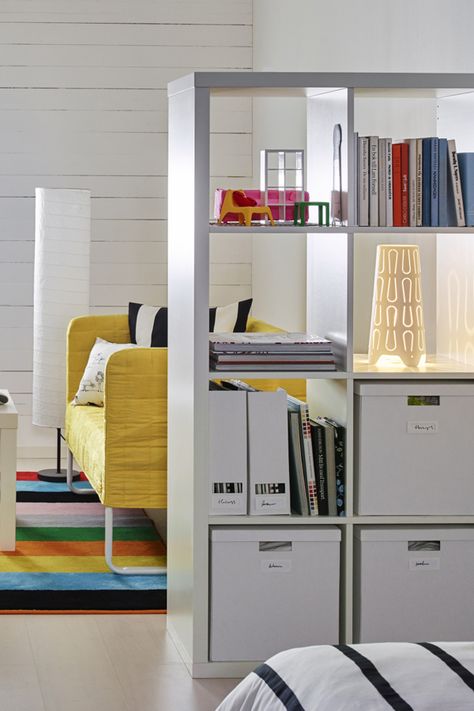 Use IKEA KALLAX storage as a room divider that doubles to display your treasures or hide your clutter! Whatever your needs, the simple, clean design of KALLAX shelf series makes it one of our most flexible and versatile solutions. Storage Ideas For Small Rooms, Ikea Tjena, Kallax Bookcase, Craft Storage Ideas For Small Spaces, Kallax Storage, Basement Den, Diy Storage Ideas, Clever Storage Ideas, Linden Homes