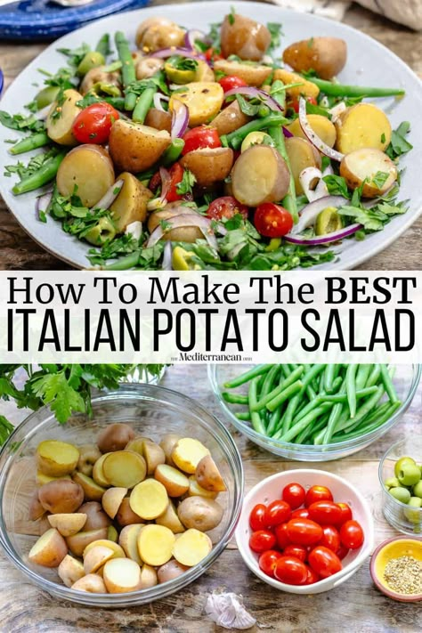 Italian potato salad with oregano, cherry tomatoes, and green beans. Make this no mayo potato salad as satisfying side dish. Italian Potato Salad With Green Beans, Italian Green Beans And Potatoes, Italian Potato Salad Recipe, Potato And Green Bean Salad, No Mayo Potato Salad, Italian Potato Salad, Mayo Potato Salad, Mediterranean Salads, Italian Potatoes