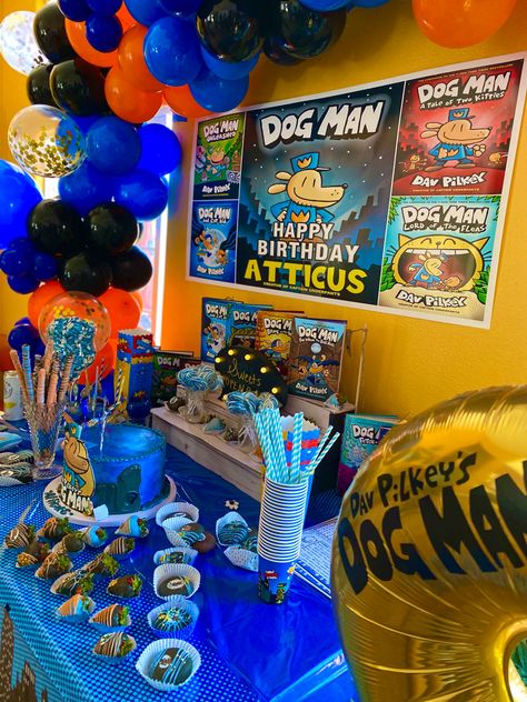 Dog Man Birthday Party Ideas, Dog Man Party Ideas, Dogman Birthday Party, Dog Man Birthday Party, Dog Man Party, Dogman Birthday, Mens Birthday Party Decorations, Boys 8th Birthday, Twin Birthday Cakes