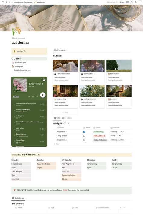 Cottagecore Aesthetic Student Planner, Notion Notion Note Taking, Cottagecore Notion, Notion For Students, Notion Study Planner, Pink Notion Template, Notion Second Brain, Notion Layout, Notion Study, Weekly Planner Aesthetic