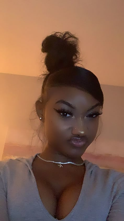 Black Y2k Hairstyles, High Bun With Swoop Natural Hair, Top Knot Bun With Swoop, Straightened Natural Hairstyles, Flat Ironed Hair Black Hairstyles, Natural Ponytails For Black Hair, Hairstyles For Short Straight Hair Black, Trendy Natural Hairstyles, Cute Straight Hairstyles