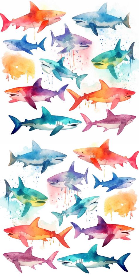 Whimsical watercolor painted sharks Shark Png, Shark Illustration, Jungle Style, Free Wall Art, Tropical Animals, Free Printable Wall Art, Free Art Prints, Design Collection, Free Prints