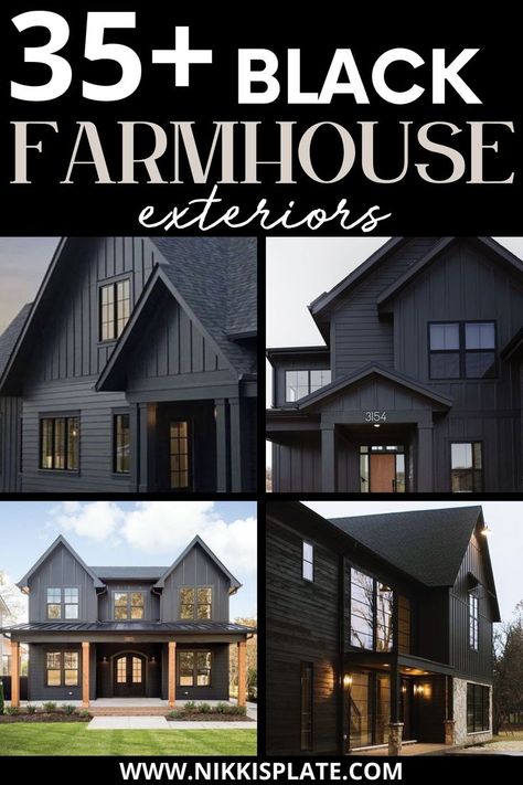 35 BEST MODERN BLACK FARMHOUSE EXTERIORS Black Fiber Cement Siding, Charcoal House White Trim, House With Black Windows Exterior, Single Story Black House Exterior, Black Vertical Siding Exterior, Black House With Black Metal Roof, Houses With Black Siding, Black Fox Exterior House, Black House Siding