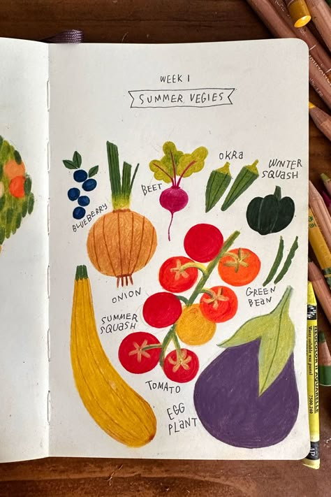 Colored Pencil Food Drawings, How To Draw Vegetables, Food Book Design, August Illustration, Food Sketchbook, Summer Drawing Ideas, Sketchbook Layout Ideas, Vegetables Drawing, Summer Sketchbook