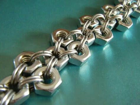 Hex Nut Jewelry, Chain Maille Bracelet, Jump Ring Jewelry, Mens Chain, Bracelet Inspiration, Hardware Jewelry, Chainmail Jewelry, Industrial Jewelry, Chainmaille Bracelet